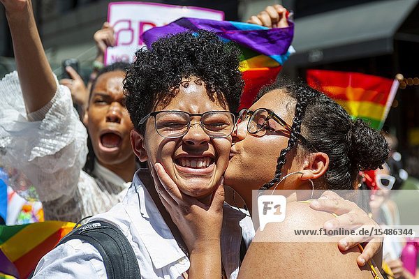 Over 150 000 marchers and millions of spectators converged on the Stonewall 50/ World Pride Parade in New York on Sunday June 30 2019. The parade commemorates to 50th anniversary of the Stonewall riots which are considered the seminal rise in the gay rights movement. (© Richard B. Levine).