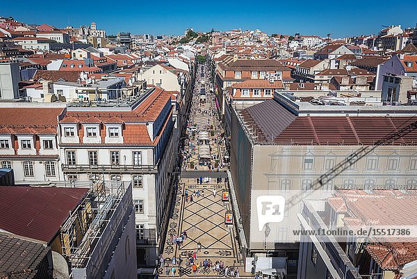 Aerial view from Rua Augusta Arch in Lisbon  Portugal with Rua Agusta pedestrian street.