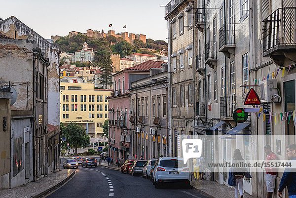 View from Rua Sao Lazaro street in Lisbon city  Portugal with St George Castle on background.