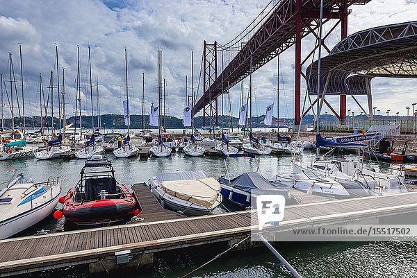 Santo Amaro Recreation dock next to 25 de Abril Bridge in Lisbon  Portugal conecting the city to Almada on the left side of Tagus river.