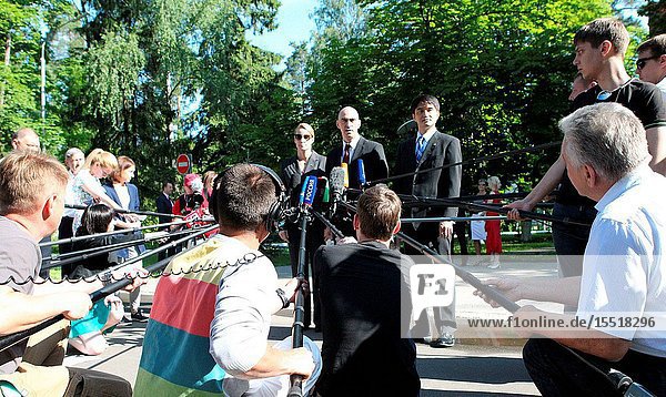 At the Gagarin Cosmonaut Training Center in Star City Russia Expedition 48-49 crew members Kate Rubins of NASA (left) Anatoly Ivanishin of Roscosmos (center) and Takuya Onishi of the Japan Aerospace Exploration Agency (right) answer questions from reporters June 24 before departing for their launch site at the Baikonur Cosmodrome in Kazakhstan. The trio will launch July 6 from the Baikonur Cosmodrome in Kazakhstan on the Soyuz MS-01 spacecraft for a planned four-month mission on the International Space Station. NASAStephanie Stoll