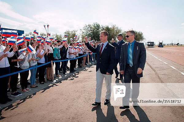 Expedition 49 crewmembers Sergey Ryzhikov of Roscosmos (left) Shane Kimbrough of NASA (center) and Andrey Borisenko of Roscosmos (right) are greeted by school children Sept. 8 in Baikonur Kazakhstan after they arrived on a flight from their base at the Gagarin Cosmonaut Training Center in Star City Russia for final pre-launch training. The trio will launch on Sept. 24 Kazakh time on the Soyuz MS-02 spacecraft for a five-month mission on the International Space Station..NASAVictor Zelentsov