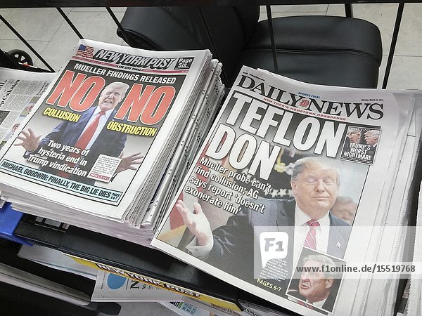 Headlines of the New York newspapers on Monday March 25 2019 report on the release of the report by special counsel Robert Mueller on Russian meddling in the presidential election and possible collusion by the Trump campaign and Attorney General William Barr's synopsis of the report. (© Richard B. Levine).