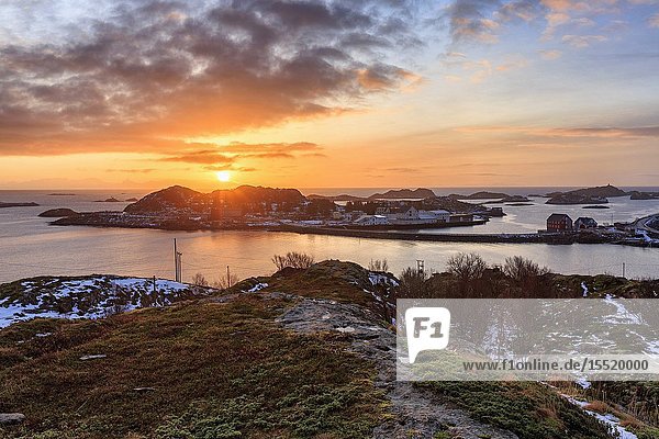 View on the small village of Henningsvaer at sunrise from the island of Engoya Lofoten islands Nordland norway europe.