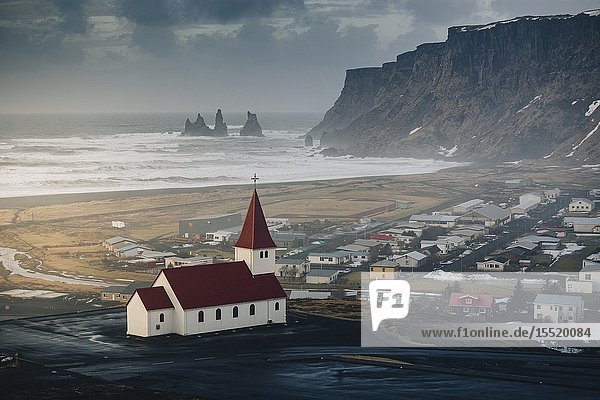 Vik church and cliffs. Vik Southern Iceland.