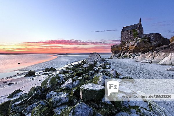 Sunset at Saint-Aubert chapel Mont-Saint-Michel Manche departement Normandy France Europe.