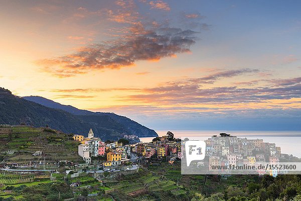 Sunrise in the village of Corniglia. Cinque Terre Liguria Italy Europe.