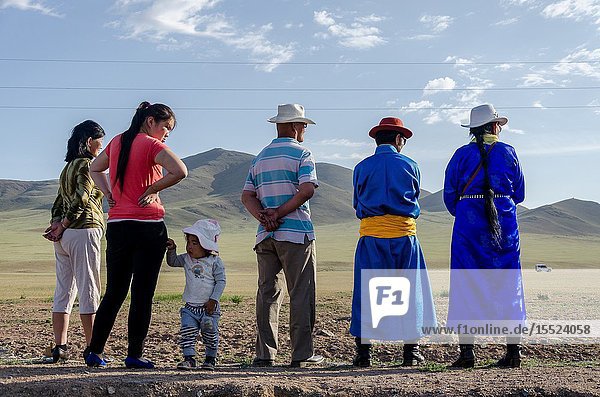 Spectators waiting for the Nadaam horse race Murun Mongolia.