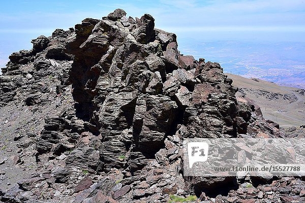 Black schist in Sierra Nevada National Park. Schist is a metamorphic rock.