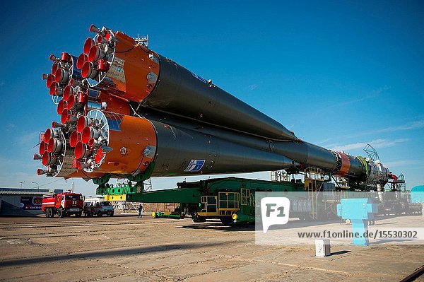 The Soyuz MS-04 spacecraft arrives at the launch pad after being rolled there by train on Monday April 17 2017 at the Baikonur Cosmodrome in Kazakhstan. Launch of the Soyuz rocket is scheduled for April 20 and will carry Expedition 51 Soyuz Commander Fyodor Yurchikhin of Roscosmos and Flight Engineer Jack Fischer of NASA into orbit to begin their four and a half month mission on the International Space Station.Photo Credit: (NASAAubrey Gemignani)
