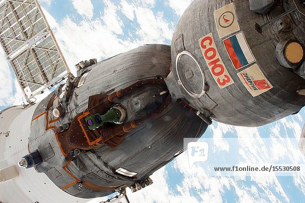The Soyuz MS-03 spacecraft that carried Expedition 51 crew members Oleg Novitskiy Thomas Pesquet and Peggy Whitson to space is pictured docked to the Rassvet module.