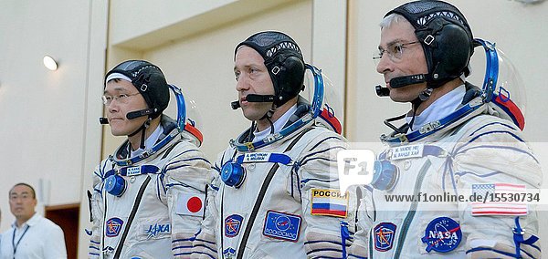 Expedition 52 backup crew members: Norishige Kanai of the Japan Aerospace Exploration Agency (JAXA) left Alexander Misurkin of Roscosmos center and Mark Vande Hei of NASA begin their Soyuz qualification exams Thursday July 6 2017 at the Gagarin Cosmonaut Training Center (GCTC) in Star City Russia. Photo Credit: (NASABill Ingalls)