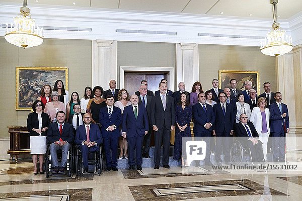 King Felipe VI of Spain Queen Letizia of Spain attends Audience to a delegation of the Spanish Committee of Representatives of Persons with Disabilities (CERMI) at Zarzuela Palace on September 3 2019 in Madrid Spain