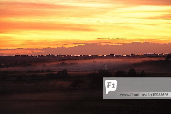 Mist over Cors Fochno wetlands & Borth twilight Ceredigion Wales
