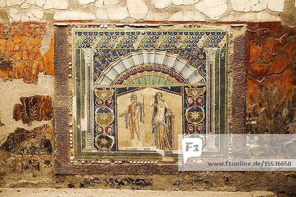 House of the Neptune Mosaic Neptune and Salacia wall mosaic in House Number 22 excavations of Herculaneum was an ancient Roman town destroyed by volcan Mount Vesuvius Ercolano comune of Ercolano Campania Italy Europe.