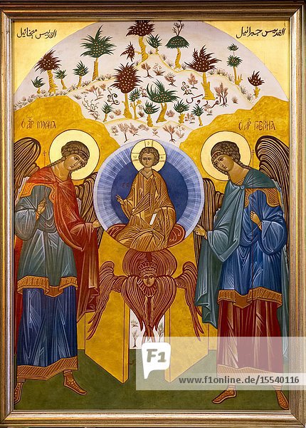 Icon in the Nazareth melkite (Greek catholic) chuch Galilee Israel. Jesus surrounded by archangels Michael and Gabriel.