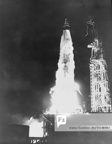 U.S. Air Force photo of Big Joe launch vehicle after launching at Cape Canaveral Florida for a suborbital test of the Mercury capsule. The capsule was recovered successfully after the reentry test.