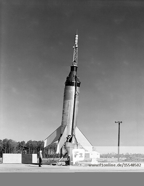 Little Joe-5 prelaunch fittings shot before flight from Wallops Island. The suborbital test flight was to qualify the capsule system. The capsule did not separate from the booster.