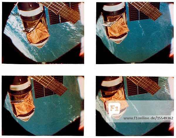 A composite of four frames taken from 16mm movie camera footage showing an overhead view of the Skylab space station cluster in Earth orbit. The Maurer motion picture camera scenes were being filmed during the Skylab 3 CommandService Module's (CSM) first fly around inspection of the space station. Close comparison of the four frames reveals movement of the improvised parasol solar shield over the Orbital Workshop (OWS). The flapping of the sun shade was caused from the exhaust of the reaction control subsystem (RCS) thrusters of the Skylab 3 CSM. The one remaining solar array system wing on the OWS is in the lower left background. The solar panel in the lower left foreground is on the Apollo Telescope Mount (ATM).