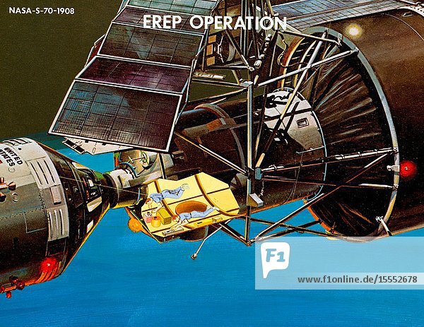 An artist's concept of two crew members busily engaged with the Earth Resources Experiment Package (EREP) in the Multiple Docking Adapter of the Earth-orbiting Skylab cluster.