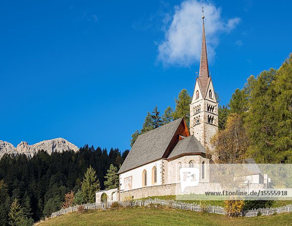 Church San Giuliana. Vigo di Fassa (Vich) in valley Val di Fassa in the Dolomites. Europe  Central Europe  Italy.