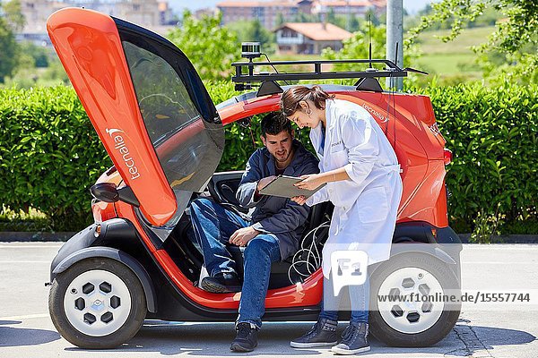 Twizzy electric vehicle Researchers work in two electric cars the first one piloted manually and the second one will follow it completely autonomously taking into account at all times the behavior of car 1 to manage its maneuvers Industry Unit Automotive Industry Technology Centre Tecnalia Research & Innovation Derio Bizkaia Basque Country Spain