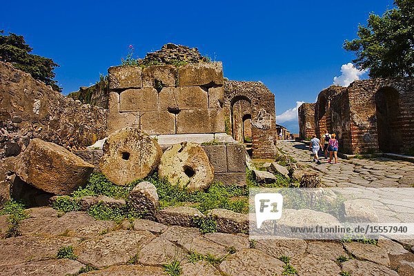 Millstones Excavations of Pompeii was an ancient Roman town destroyed by volcan Mount Vesuvius Pompei comune of Pompei Campania Italy Europe.