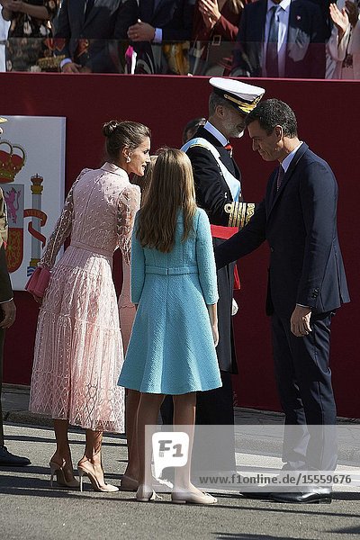 King Felipe VI of Spain Queen Letizia of Spain Crown Princess Leonor Princess Sofia Pedro Sanchez Prime Minister attends National Day military parade on October 12 2019 in Madrid Spain