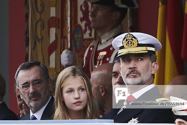 King Felipe VI of Spain Crown Princess Leonor attends National Day military parade on October 12 2019 in Madrid Spain