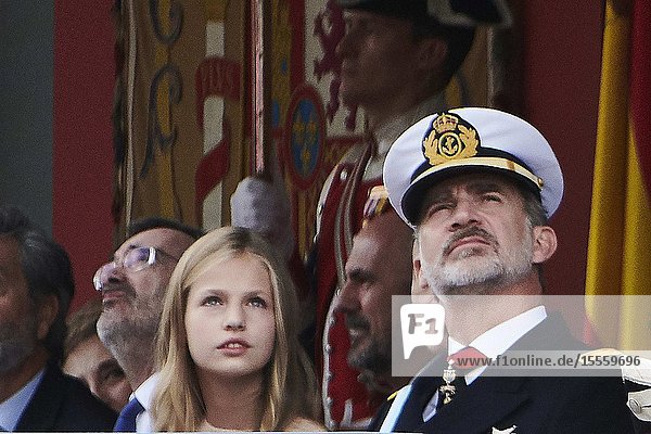King Felipe VI of Spain Crown Princess Leonor attends National Day military parade on October 12 2019 in Madrid Spain