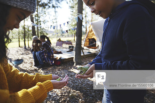 Bruder und Schwester halten Laubfrösche auf einem Campingplatz im Wald