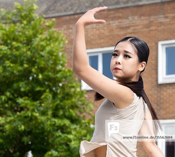 Billingham north east England UK. 10th August 2019. Dancers from South Korea performing at the Billingham International festival of World Dance now in its 55th year.