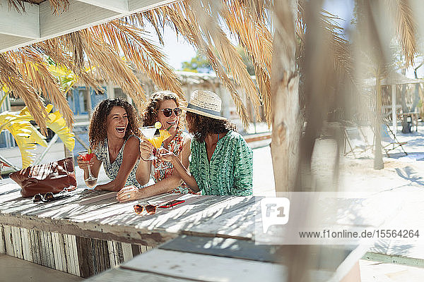 Glückliche Frauen trinken Cocktails an einer sonnigen Strandbar
