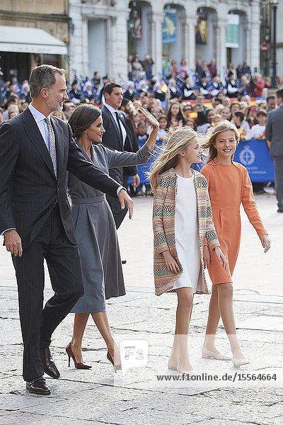 King Felipe VI of Spain Queen Letizia of Spain Crown Princess Leonor Princess Sofia arrived to Alfonso II Square (Cathedral's Square) for Princesa de Asturias Awards 2019 on October 17 2019 in Oviedo Spain
