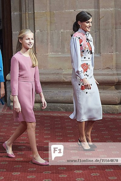 Queen Letizia of Spain Crown Princess Leonor attended Audience with Winners of the 2019 Asturias Medals at Reconquista Hotel on October 18 2019 in Oviedo Spain