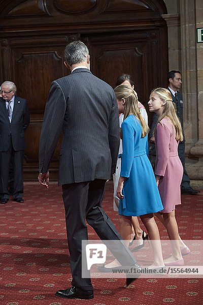 King Felipe VI of Spain Queen Letizia of Spain Crown Princess Leonor Princess Sofia attended Audience with Winners of the 2018 Final Degree Awards of the University of Oviedo at Reconquista Hotel on October 18 2019 in Oviedo Spain