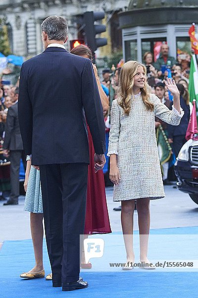 King Felipe VI of Spain Queen Letizia of Spain Crown Princess Leonor Princess Sofia The former Queen Sofia arrived to Campoamor Theater for the Princesa de Asturias Award 2019 ceremony on October 18 2019 in Oviedo Spain