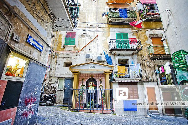 Religious street altar Vico Canale street quarter Montecalvario historic center Naples city Campania Italy Europe.