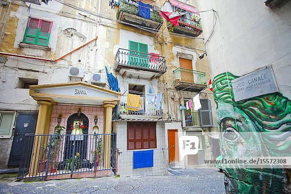 Religious street altar Vico Canale street quarter Montecalvario historic center Naples city Campania Italy Europe.