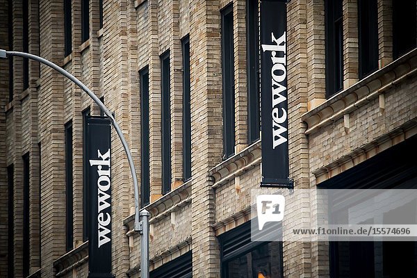 A sign announces the location of a a WeWork co-working space location in Chelsea in New York on Friday August 16 2019. WeWork is reported to have filed for an initial public offering.