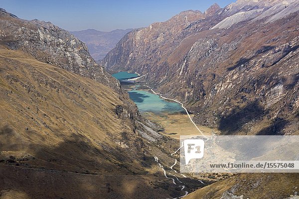 The Llanganuco lakes of Chinancocha and Orconcocha seen from Portachuelo Pass Cordillera Blanca Ancash Peru.