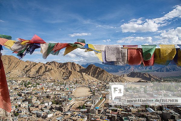 View at Leh with prayer flags Ladakh India from old Palace at top of hill