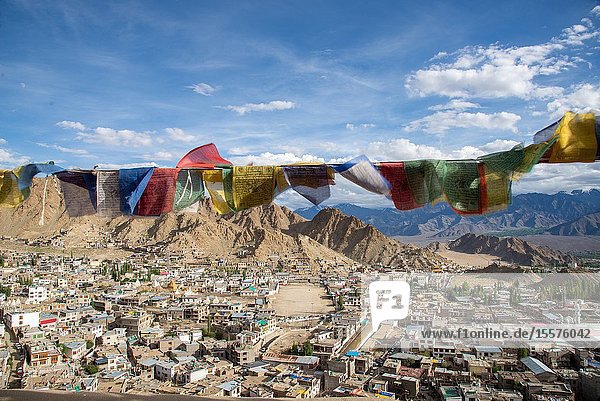 View at Leh with prayer flags Ladakh India from old Palace at top of hill