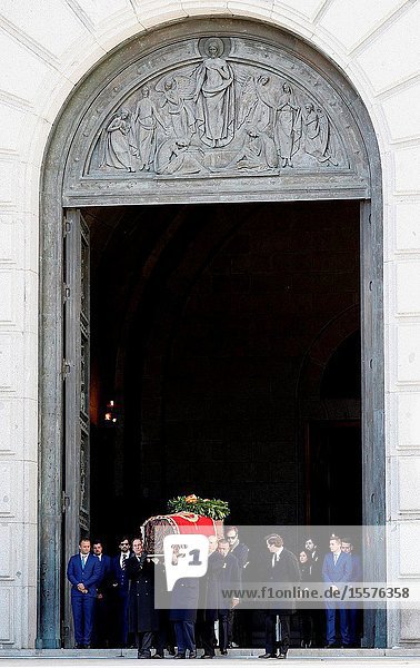 Family of Dictator attends to the Exhumation of the body of Francisco Franco at Catholic Basilica of the Valley of the Fallen on October 24 2019 in San Lorenzo de El Escoria Spain.The family carriage de rest of Francisco Franco to the Puma Helicopter..The body of dictator Gen. Francisco Franco has been exhumed from the grandiose mausoleum at the Valley of the Fallen before being transferred to cemeteryof Mingorrubio in a Pantheon next to the mortal remains of his wife Carmen Polo.