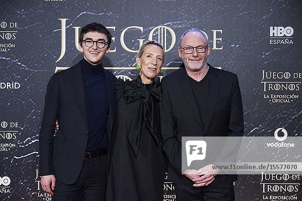 Isaac Hempstead-Wright Liam Cunningham Michelle Clapton attends the opening of ’Game Of Thrones. The Official Exhibition' at Espacio 5.1 IFEMA on October 24 2019 in Madrid Spain