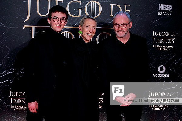 The actors Isaac Hempstead-Wright Liam Cunningham and Costume designer Michelle Clapton attend the photocall exhibition Game of Thrones..October 24 2019 Madrid.