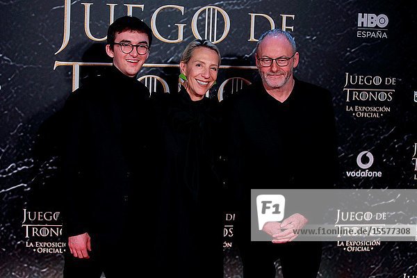 The actors Isaac Hempstead-Wright Liam Cunningham and Costume designer Michelle Clapton attend the photocall exhibition Game of Thrones..October 24 2019 Madrid.