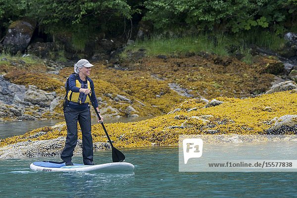 Senior women paddle boarding in Takatz Bay on Baranof Island Tongass National Forest Alaska USA.