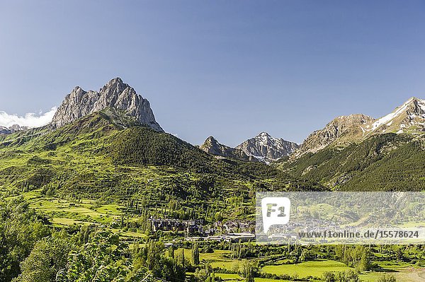 View of Sallent de Gállego town and Peña Foratata in Tena Valley Pyrenees (Huesca province Aragón Spain)
