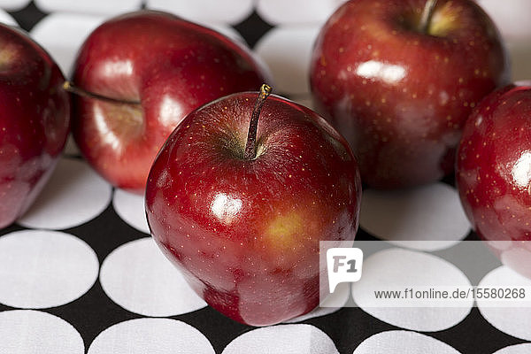 Rote Äpfel auf gemustertem schwarz-weißem Tuch
